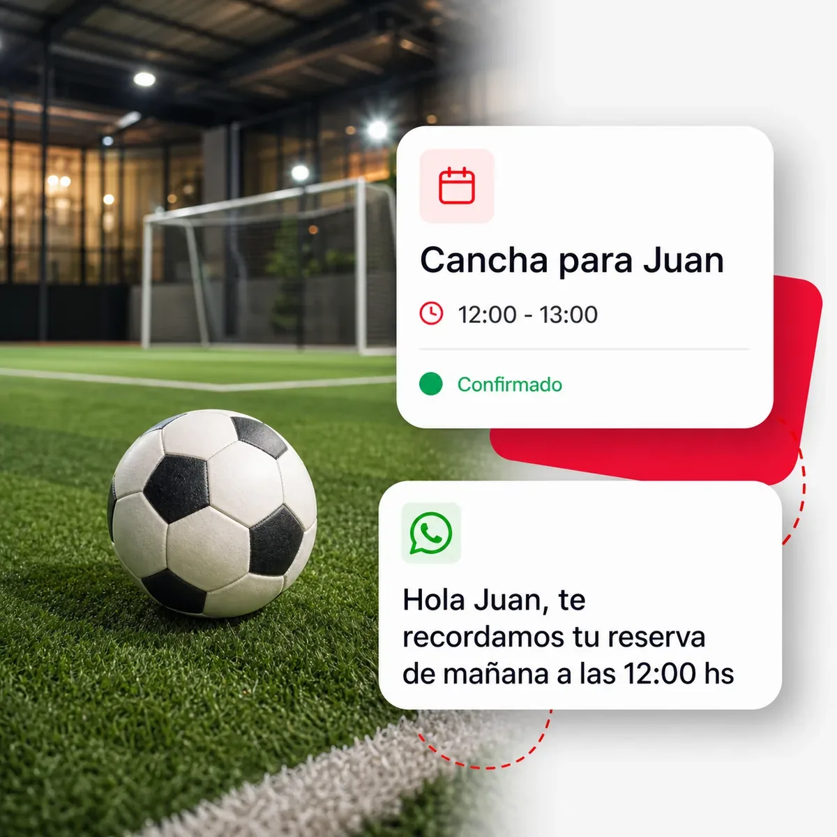 Agenda online para cancha de futbol con reserva confirmada y recordatorio automatico